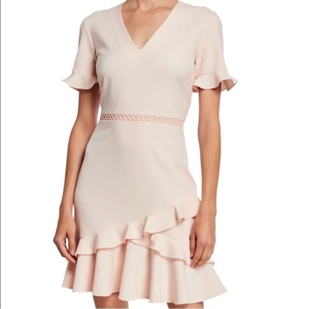 Shoshanna Women's Pink Short Sleeve V-Neck Crepe Ruffle Dress-FF6